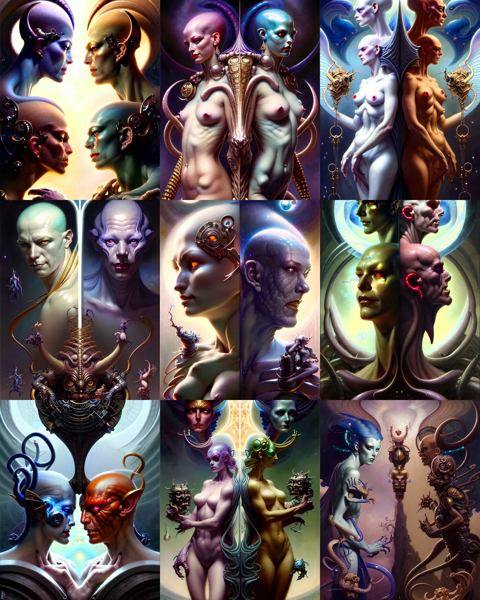 Image similar to beautiful gemini good and evil, happy and sad faces, fantasy character portrait, ultra realistic, wide angle, intricate details, the fifth element artifacts, highly detailed by peter mohrbacher, boris vallejo, hajime sorayama, wayne barlowe, aaron horkey, gaston bussiere, craig mullins