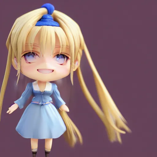 Prompt: 3d render of a blue eyes, blonde long hair, two braids, violet evergarden as a cute chibi figurine, blue-white dress, blender, artstation, 8k, highly detailed