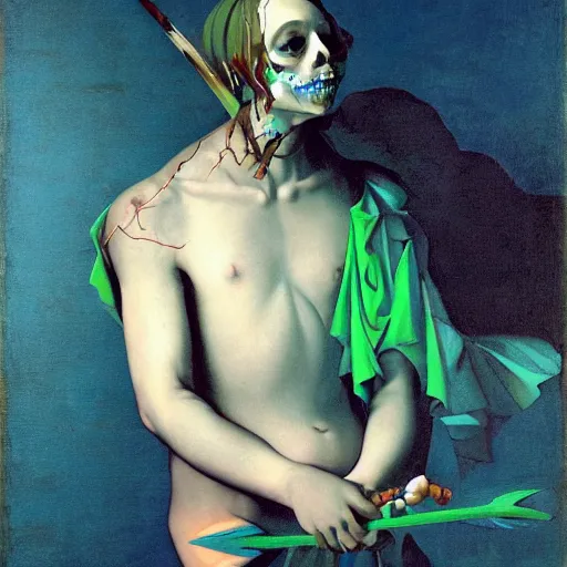 Prompt: low poly painting by caravaggio of a drowned zombie holding a trident with glowing cyan eyes, wearing ragged clothing, holding a trident, underwater, pastel green and blue color palette, low poly