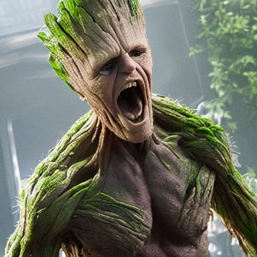 Prompt: film still of Gary Busey as Groot in Guardians of the Galaxy