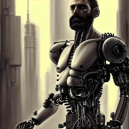 Image similar to ultra realist intricate detailed pin - up painting of a single rugged cyborg male, bearded face and cyborg tech on body and legs, symmetry accurate features, cyberpunk, industrial, apocalyptic, very intricate details, focus, high resolution, 8 k resolution, dramatic lighting, artstyle hiraku tanaka, award winning
