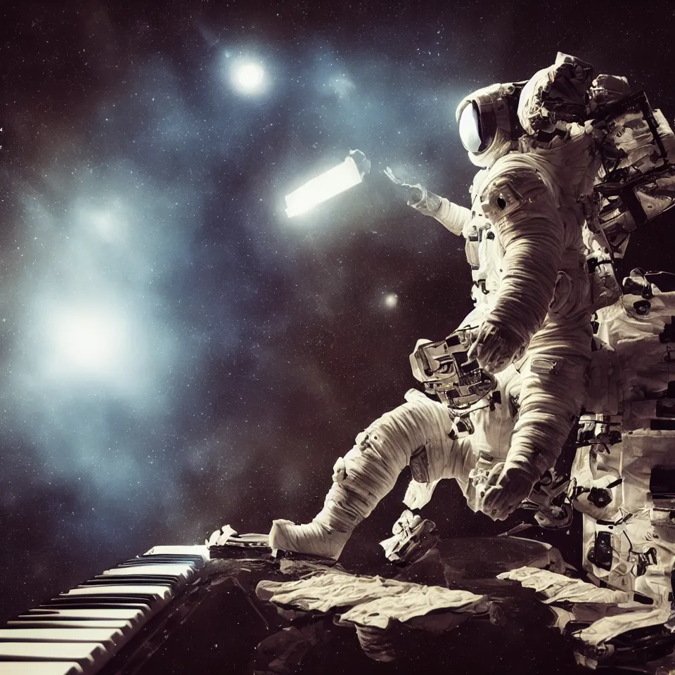 Image similar to portrait astronaut playing a keyboard by ben templesmith, dynamic lighting, cinematic, epic composition, masterpiece