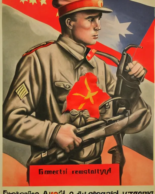 Prompt: communist propaganda poster of an australian shepherd soldier, communist china art