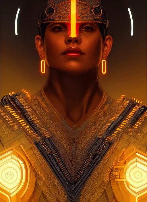 Image similar to symmetry!! portrait of aztec warrior, tech wear, glowing lights!! intricate, elegant, highly detailed, digital painting, artstation, concept art, smooth, sharp focus, illustration, art by artgerm and greg rutkowski and alphonse mucha