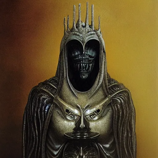 Prompt: Alien King in white imperial clothing, mantle, gold mask by Giger and Beksinski