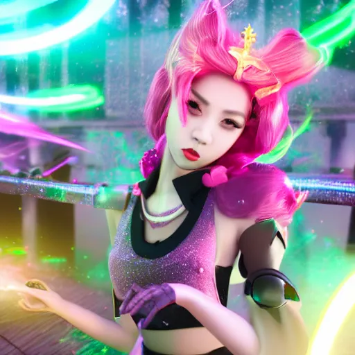 Image similar to a girl like (jinx, Princess peach), dancing, background jet ground radio, kpop, fullshot, raytrayced, octane render,volumetric lighting, epic composition, intricate details, dark neon punk, by KDA