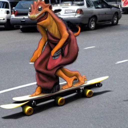 Prompt: jar jar binks on a skateboard