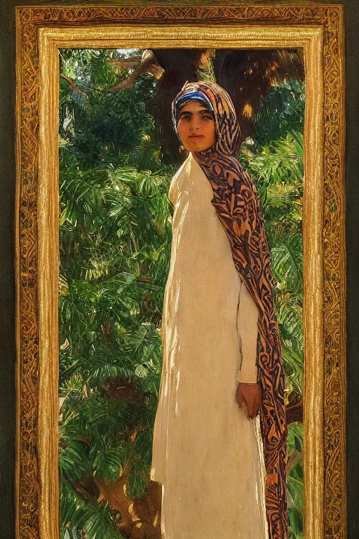 Image similar to a bakhtiari girl with golden detailed scarf set on a detailed persian carpet, tree palms in background, painting by john singer sargent