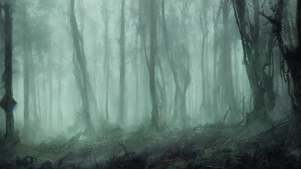 Prompt: lush but gloomy forest, Nazgul, horrors, decay, digital art by Ruan Jia, Rudolf Béres, James Zapata, Jamey Jones