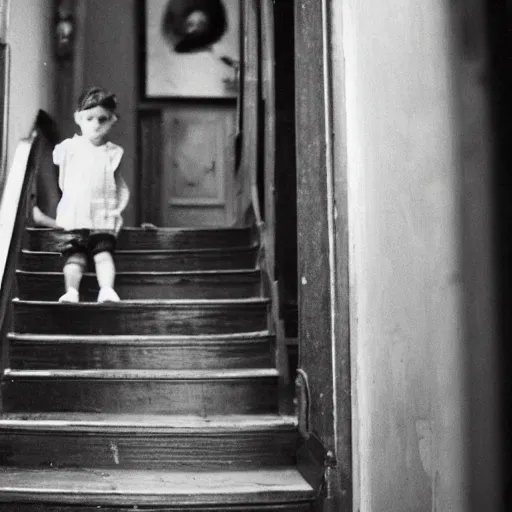 Prompt: old photo, faceless child at the top of a staircase, peering over