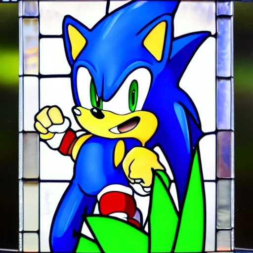 Prompt: beautiful vibrant stained glass art of Sonic the Hedgehog