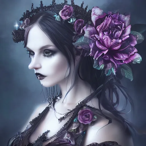 Prompt: A portrait of a Gothic goddess of floral jewels in an empty land, dark and mysterious, lively atmospheric, cinematic, volumetric lighting, 8k, 4k, ultra detail, ultra-realistic, rendered by DeviantArt