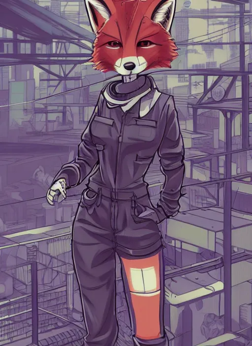 Image similar to commission of a beautiful illustration of a female anthro fox fursona wearing mechanic clothes in a industrial cyberpunk city. character design by Kinoshita Jiroh, Hyaku. Detailed, inked, manga cover