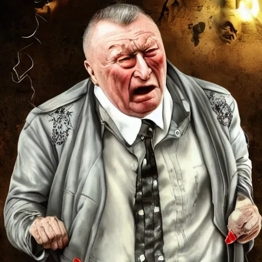 Image similar to zhirinovsky goes to hell and rips off the hands of sinners in hyper - realistic style