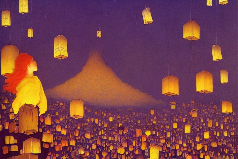 Image similar to a surreal fantasy landscape made of giant books, lanterns, papers, quills and ink bottles, digital painting by maxfield parrish and michael whelan, photorealistic