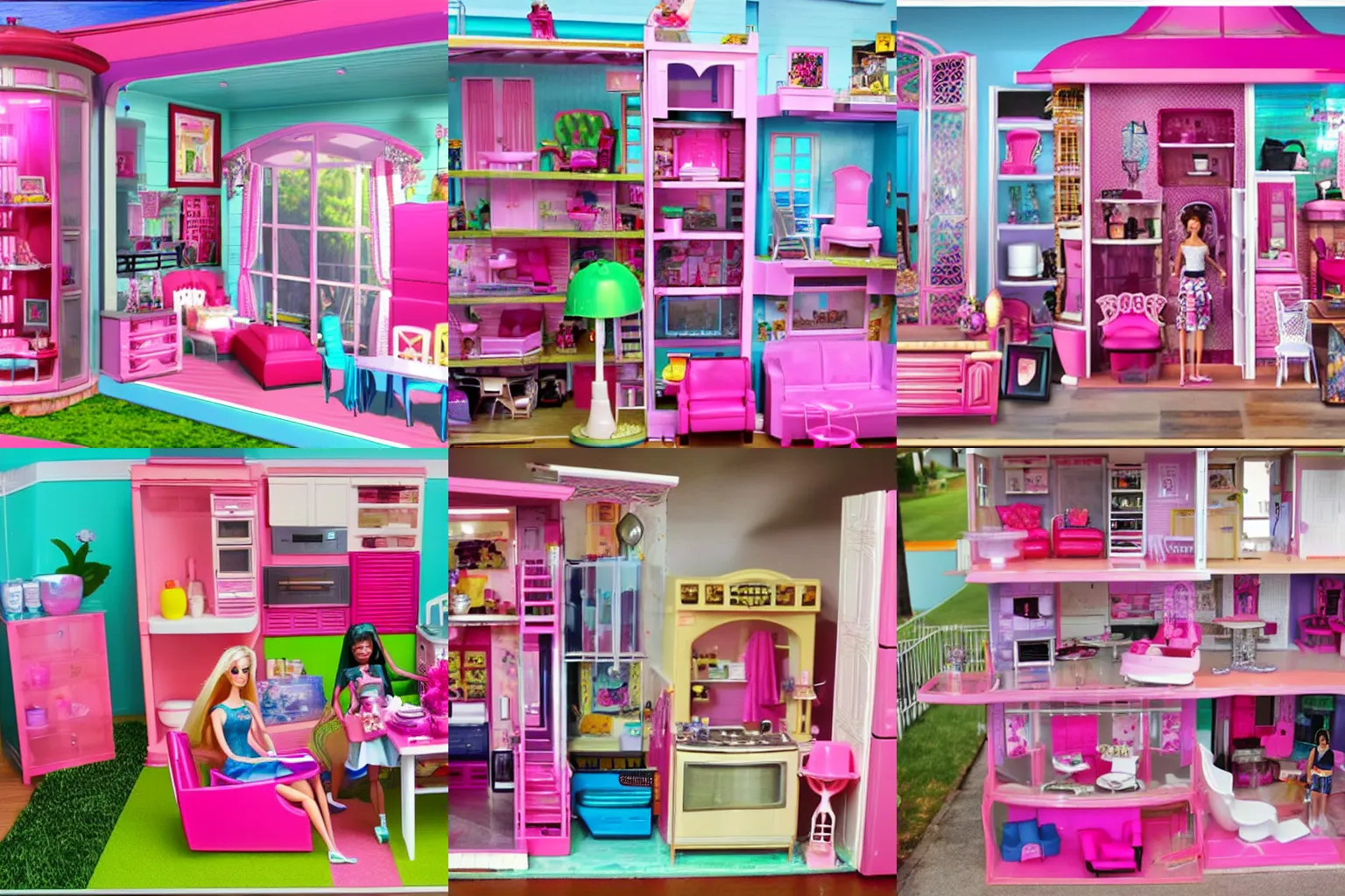 Prompt: Barbie dreamhouse but it is all cluttered and full of junk because Barbie is a hoarder