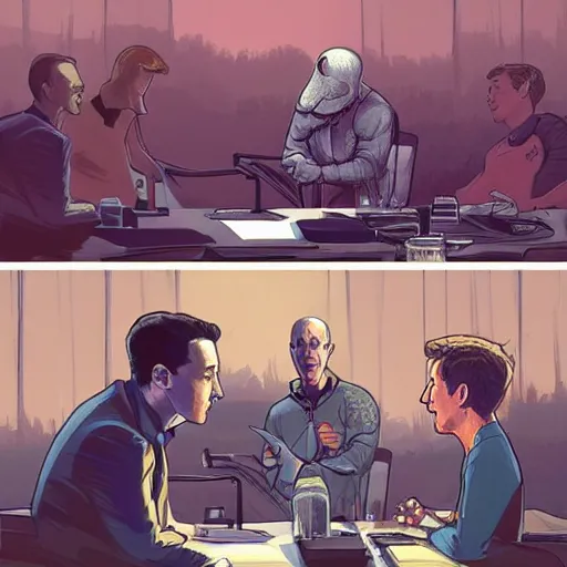 Image similar to cell shaded illustration of a meeting between elon musk, mark zuckerberg, jeff bezos, very detailled, art contest winner on behance, trendy on deviant art, by by artgem, greg rutkowski, by herge