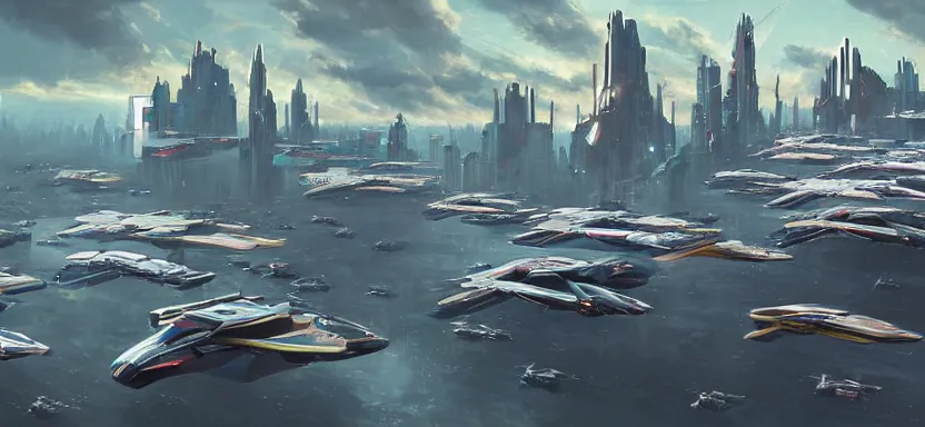 Prompt: beautiful masterpiece painting fleet of spaceships, cyberpunk, by juan ortiz 8k,