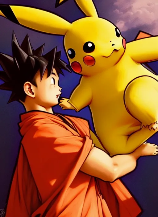 Image similar to Pikachu doing a high five to Goku, diffuse lighting, fantasy, intricate, elegant, highly detailed, lifelike, photorealistic, digital painting, artstation, illustration, concept art, smooth, sharp focus, art by John Collier and Albert Aublet and Krenz Cushart and Artem Demura and Alphonse Mucha