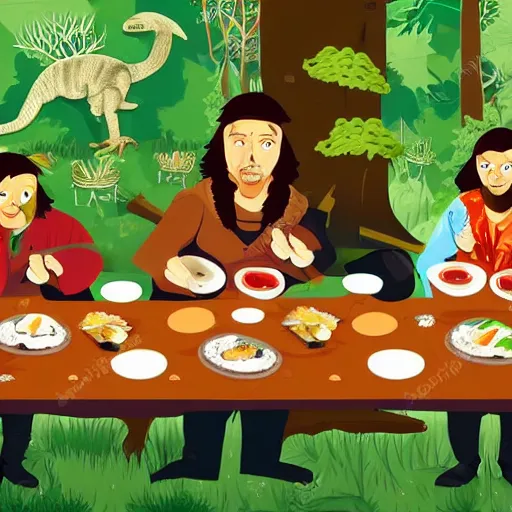 Image similar to neanderthal people eating sushi, surrounded by dinosaurs, gigantic forest trees
