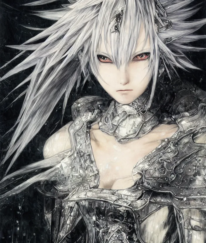 Image similar to Yoshitaka Amano realistic illustration of an anime girl with white hair and cracks on her face wearing dark souls armour with the cape fluttering in the wind, abstract black and white patterns on the background, noisy film grain effect, highly detailed, Renaissance oil painting, weird portrait angle