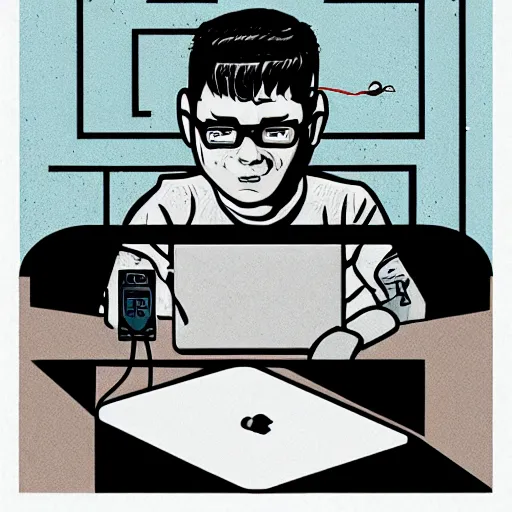 Image similar to illustration of a boy connected to his laptop with wires, highly detailed, by butcher billy, mcbess, rutkowski