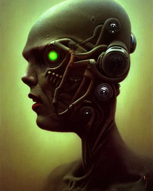 Image similar to a zdzilaw beksinski potrait of a cyborg, fine - face, realistic shaded perfect face, fine details. night dark setting. realistic shaded lighting, artgerm, trending on art station