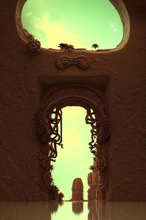 Image similar to ornate doorway to a monolith in a desert lush vegetation, warm tones, night, water reflection : : by michal karcz, daniel merriam, victo ngai and guillermo del toro : : ornate, dynamic, particulate, intricate, elegant, highly detailed, centered, artstation, smooth, sharp focus, octane render, 3 d