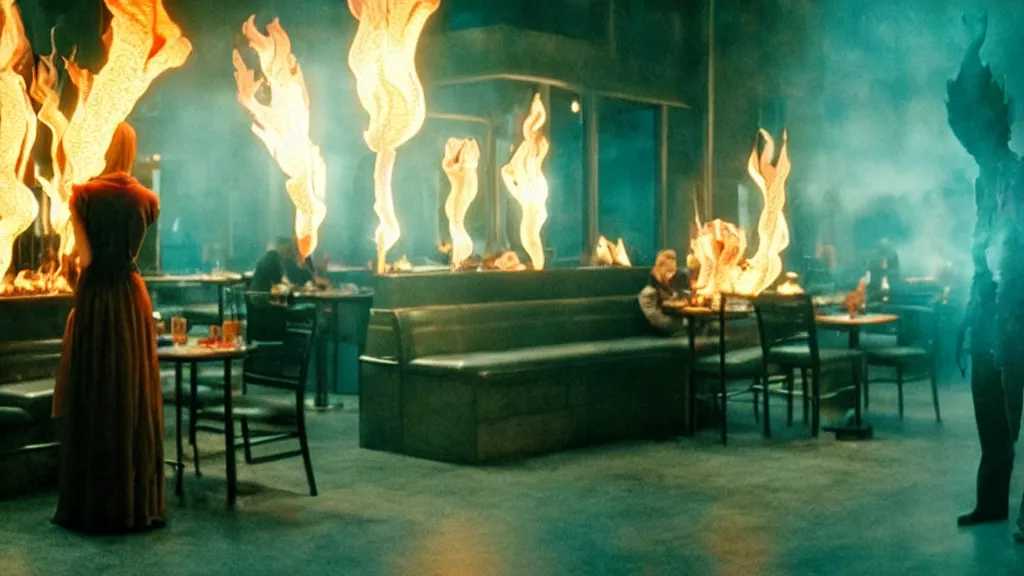 Image similar to the strange creature in a restaurant serves people, made of fire and water, film still from the movie directed by Denis Villeneuve with art direction by Salvador Dalí, wide lens