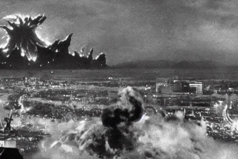 Image similar to a filmstill of Kim Jong-il and a Starro Kaiju monster destroying Pyongyang, in Godzilla (1954) by Ishirō Honda, traditional Korean city, palace, epic ultrawide shot, cinémascope