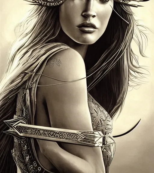 Image similar to portrait of megan fox as beautiful aphrodite goddess as an archer, arrow crown, beautiful piercing eyes, flowing blonde hair, realistic face, black and white drawing, in the style of greg rutkowski, fantasy, amazing detail, epic, intricate, elegant, smooth, sharp focus