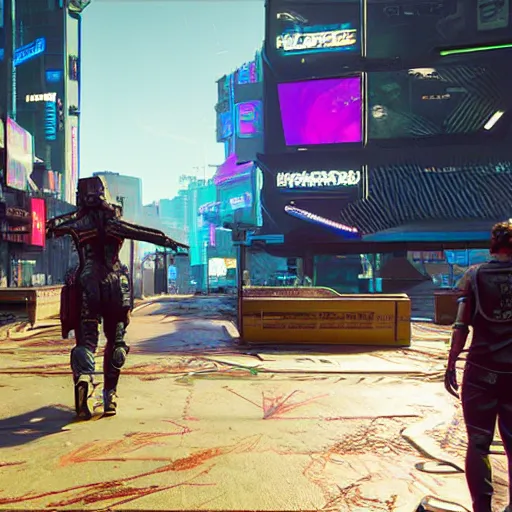 Image similar to Cyberpunk 2077 gameplay screenshot, but from a version of the game that wasn't an awful bug riddled mess