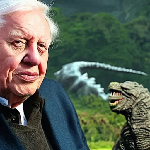 Image similar to Sir David Attenborough sees Godzilla