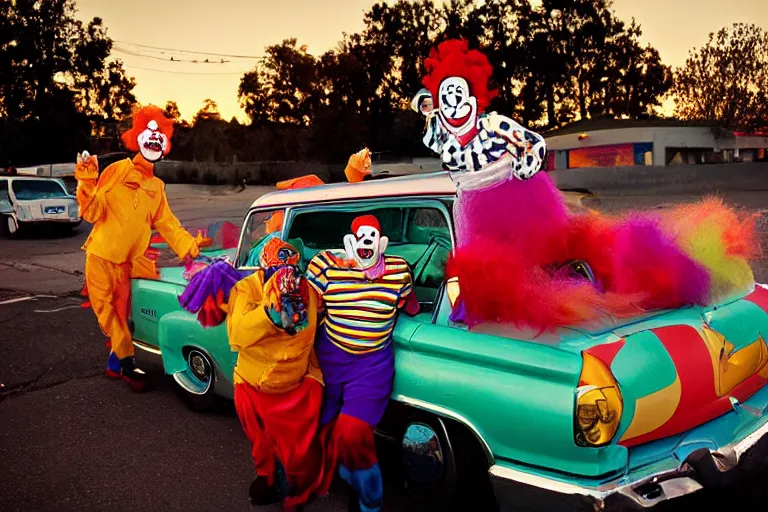 Image similar to 2 0 clowns leaving a clowncar at a california drive in, in 2 0 1 2, cutecore clowncore, bathed in the the glow of the sunset, low - light photograph, in style of henry selik