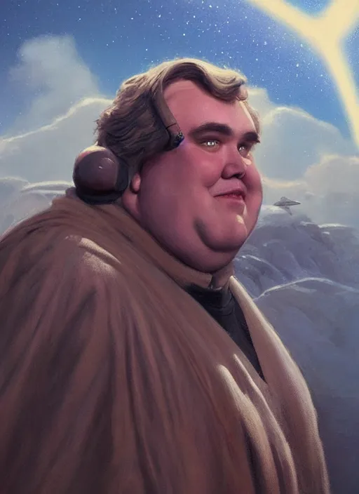 Prompt: hyper realistic, zoomed out portrait of john candy in star wars as leia, stoned, by greg rutkowski, scott m fischer, artgerm, loish, slight glow, atmospheric, anne stokes, alexandros pyromallis