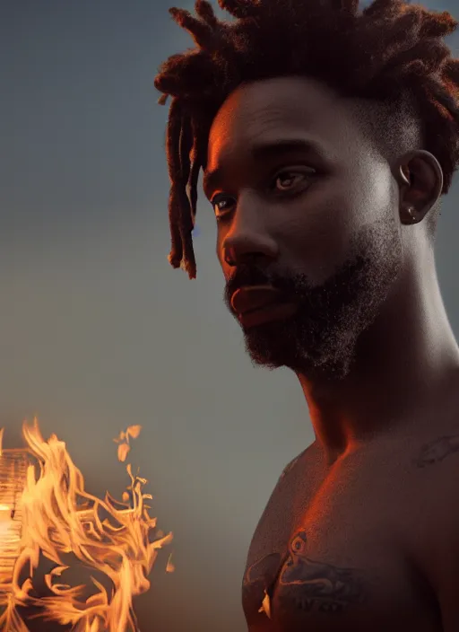 Image similar to Realistic Black man with fire tattoos, Dreadlock hair, city background, artistic pose, light atmosphere, cinematic shot, intricate, ornate, photorealistic, ultra detailed, realistic, 100mm, photography, octane, high definition, depth of field, bokeh, 8k, artstation