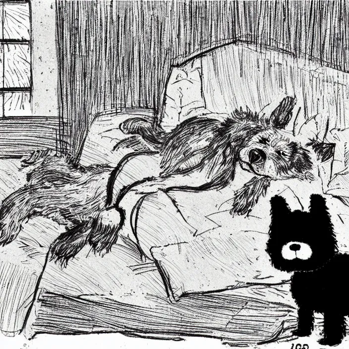 Image similar to a still frame from comic strip, a portrait of black fluffy furry sleeping dog 1 9 5 0, herluf bidstrup, new yorker illustration, monochrome bw, lineart, manga, tadanori yokoo, simplified,