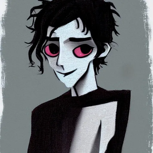 Image similar to young man portrait, black hair, skinny, sleep deprived, corpse bride art style