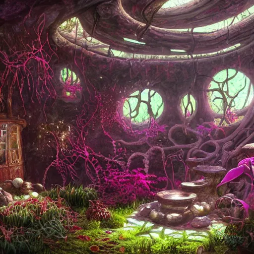 Image similar to concept art painting of a interior of a fungal cozy alien fantasy cottage, with black vines and magenta plants, realistic, detailed, cel shaded, dark, in the style of makoto shinkai and greg rutkowski and james gurney