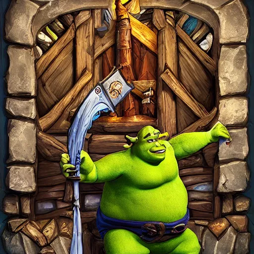 Image similar to shrek as a wizard, in a tavern, hearthstone, concept illustartion, character art,