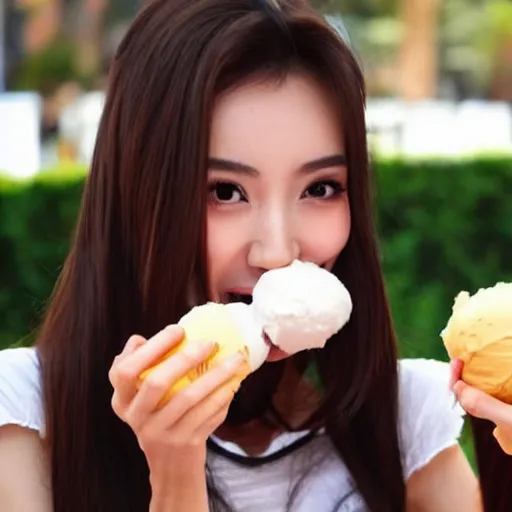 Image similar to angelababy eating a big poly-poop ice-cream