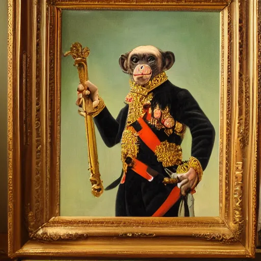 Image similar to An exquisite oil painting of a chimpanzee dressed like Napoleon