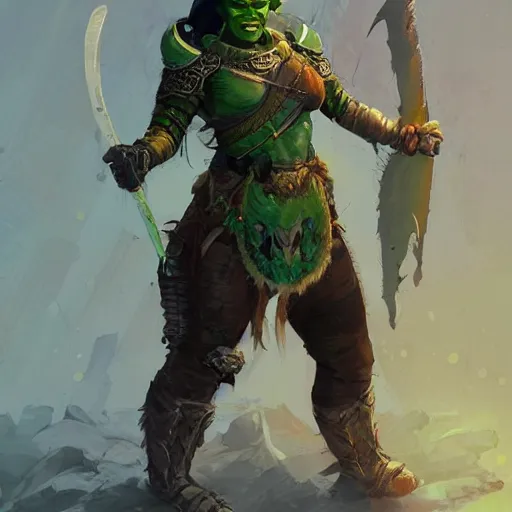 Image similar to a full bodied character portrait of a green orc warrior woman in full plate armor bald with a ponytail, by greg rutkowski, wlop, astri lohne, wei wang, laurie greasley, victo ngai, trending on artstation