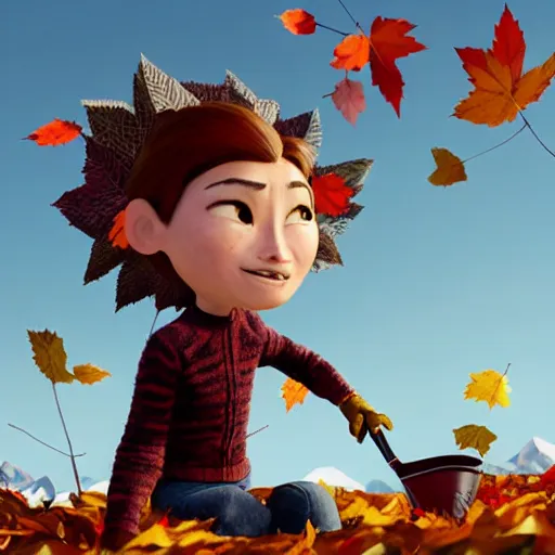 Image similar to a stopmotion animation character, a beautiful canadian woman, gardening, very attractive, spiky dark grey hair, striped sweater, tight denim jeans, maroon doc marten boots, canadian maple leaves blowing about, mountains, autumn, unreal engine 5, 8 k, kubo and the two strings, disney, pixar,