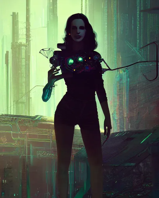 Image similar to portrait of lana del rey as a cyberpunk cyborg. roses, sci - fi, missing panels, intricate abstract upper body intricate artwork, by tooth wu, wlop, beeple, dan mumford. concept art, octane render, deviantart, greg rutkowski, cinematic arthouse, key art, hyper realism, iridescent accents