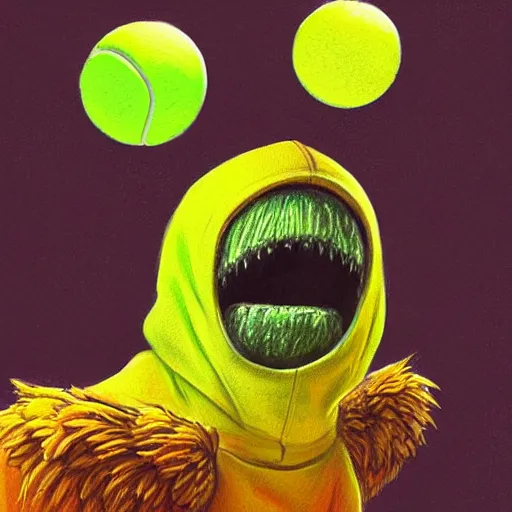 Prompt: a tennis ball monster , orange hoodie, cherub wings, balaclava, digital art, fantasy, magic, trending on artstation, ultra detailed, professional illustration by Basil Gogos