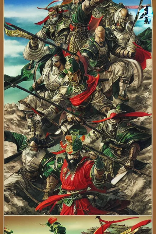 Image similar to poster of liu bei with guan yu and zhang fei, by yoichi hatakenaka, masamune shirow, josan gonzales and dan mumford, ayami kojima, takato yamamoto, barclay shaw, karol bak, yukito kishiro