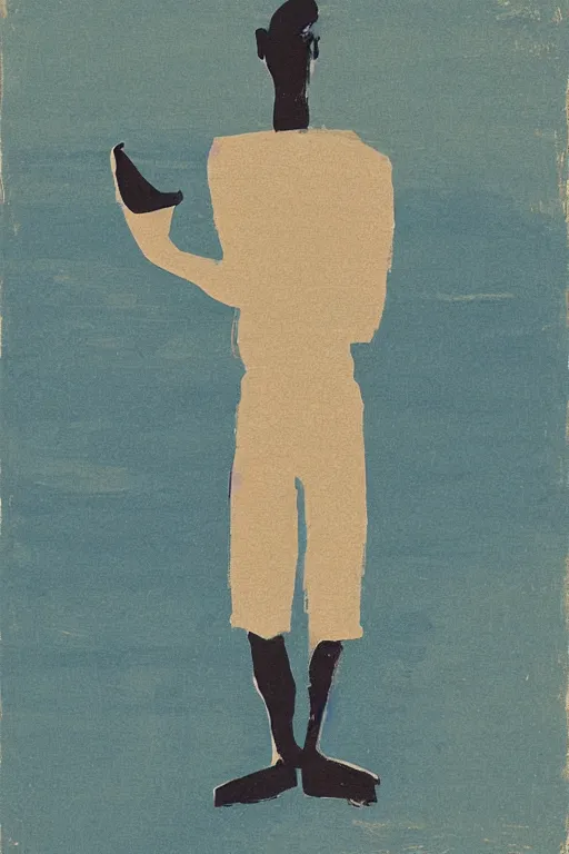 Image similar to man standing by a river, 1960’s minimalist advertising illustration, painterly, expressive brush strokes