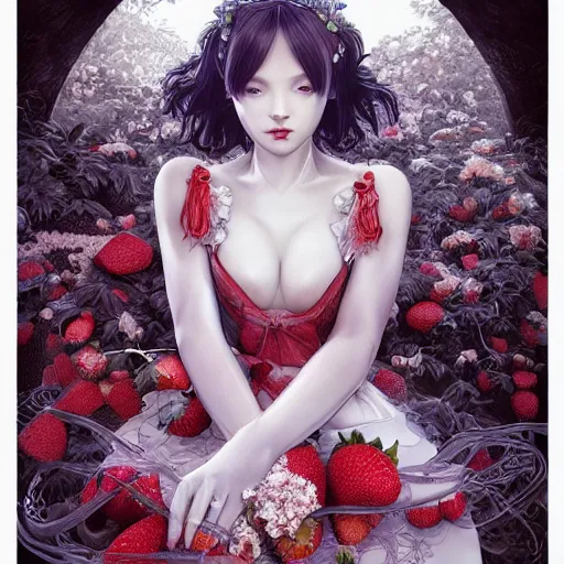 Image similar to the face of an absurdly beautiful, graceful, elegant, sophisticated, fashionable young gravure idol made of strawberries and white petals, an ultrafine hyperdetailed illustration by kim jung gi, irakli nadar, intricate linework, bright colors, octopath traveler, final fantasy, unreal engine 5 highly rendered, global illumination, radiant light, detailed and intricate environment