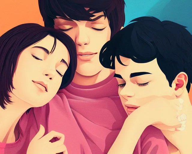 Prompt: beautiful close - up painting of a young gay couple cuddling in the sofa, 2 8 4, romantic, highly detailed, looking at each other, smooth, stylized, vector line art, clean cel shaded vector art, by lois van baarle, ross tron, artgerm, helen huang, makoto shinkai, ilya kuvshinov, rossdraws